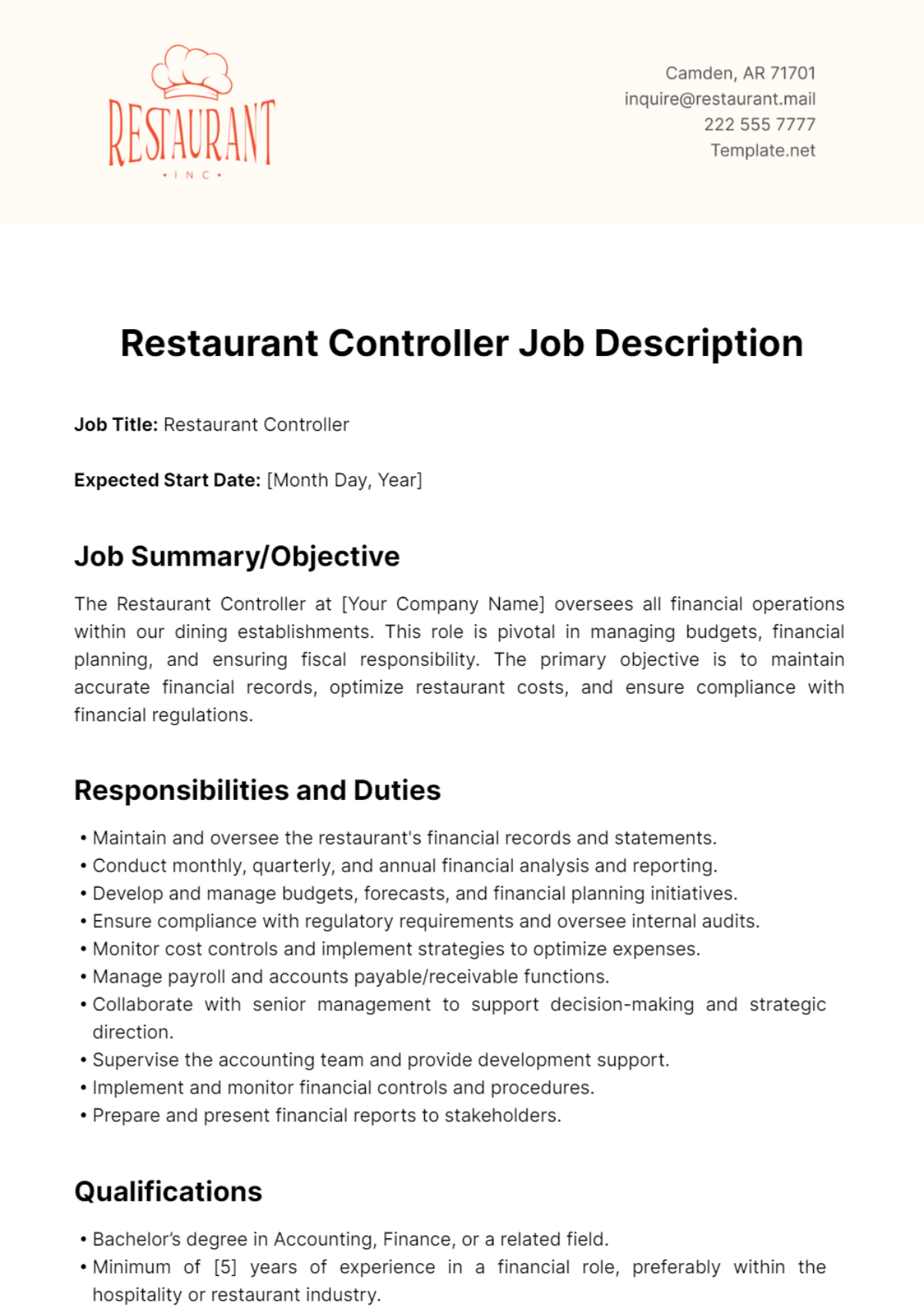 Restaurant Controller Job Description Template - Edit Online & Download