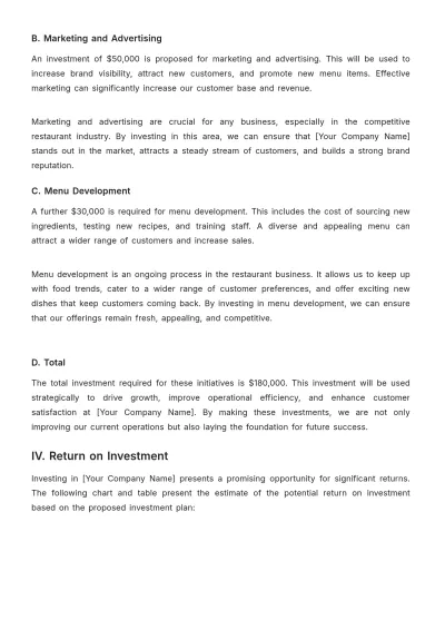 Free Restaurant Investment Plan Template to Edit Online