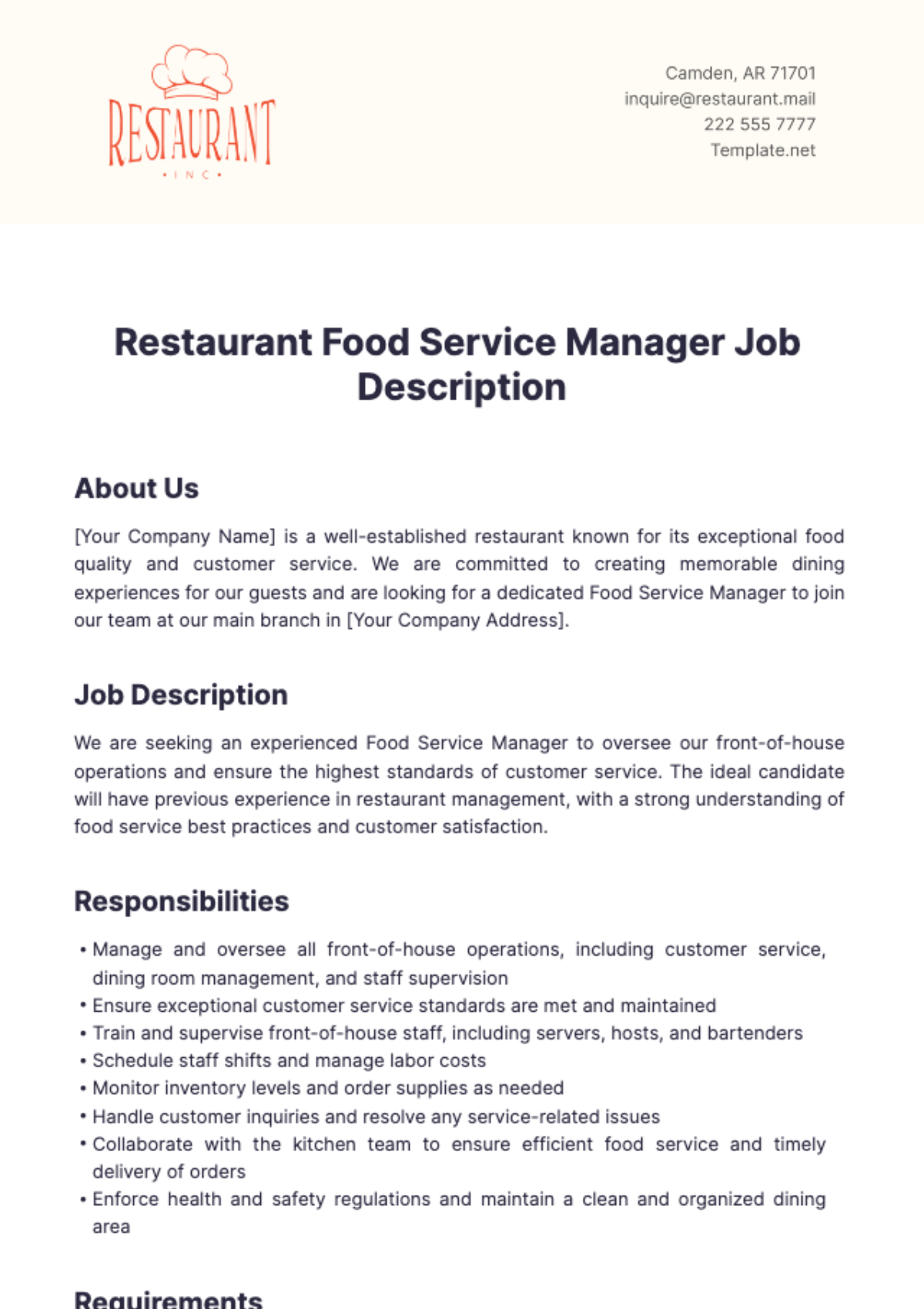 Restaurant Food Service Manager Job Description Template - Edit Online & Download