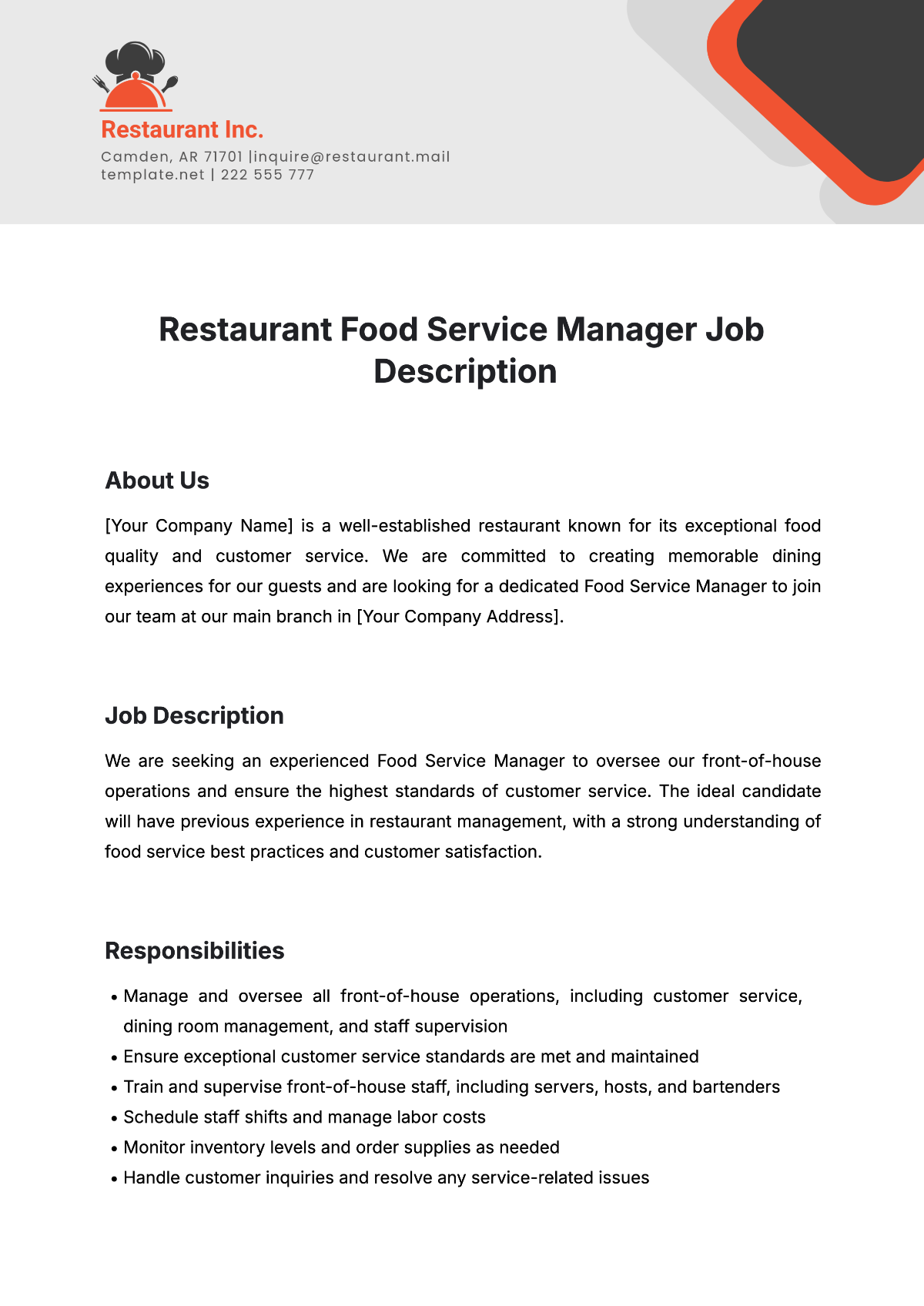 Free Restaurant Food Service Manager Job Description Template