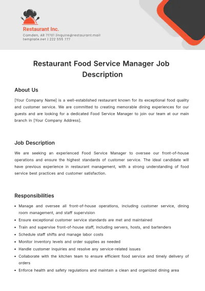 Free Restaurant Food Service Manager Job Description Template to Edit Online