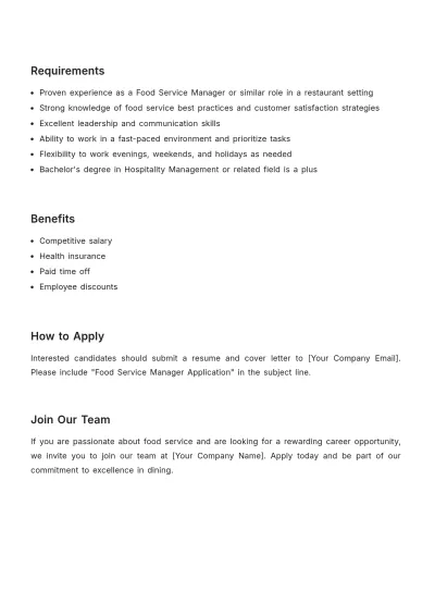 Free Restaurant Food Service Manager Job Description Template to Edit Online