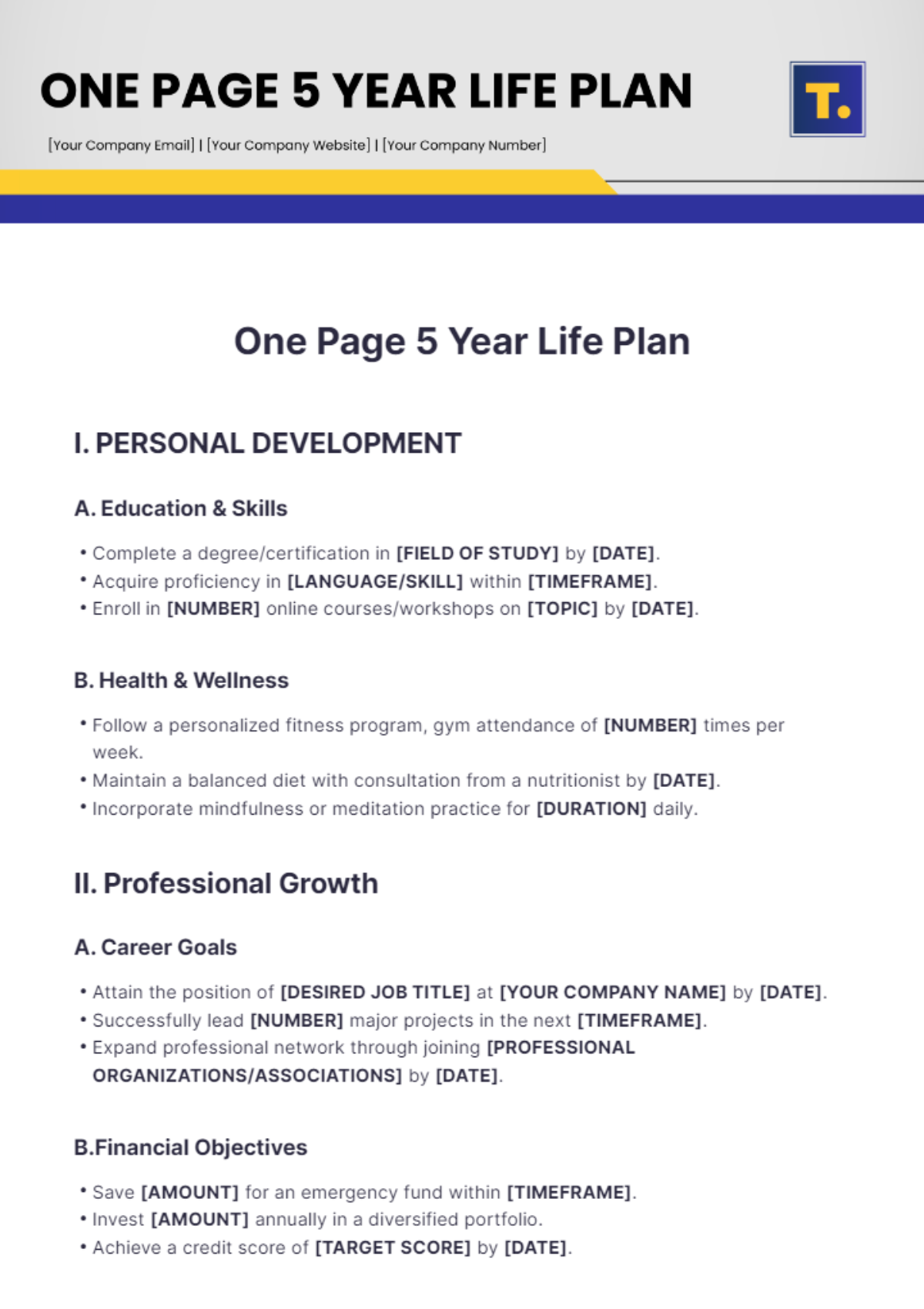 One Page 5 Year Life Plan Template - Edit Online & Download