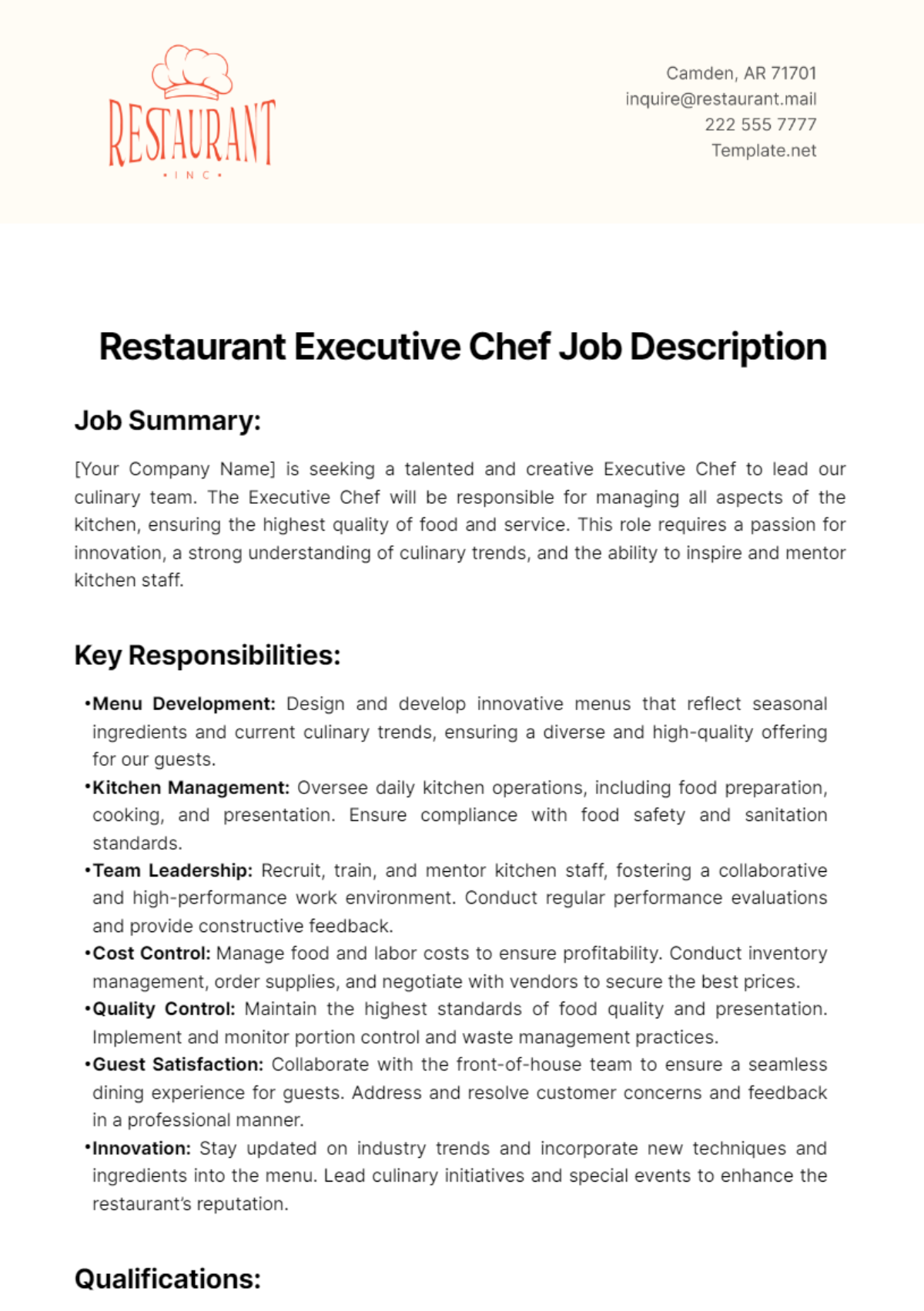 Restaurant Executive Chef Job Description Template - Edit Online & Download