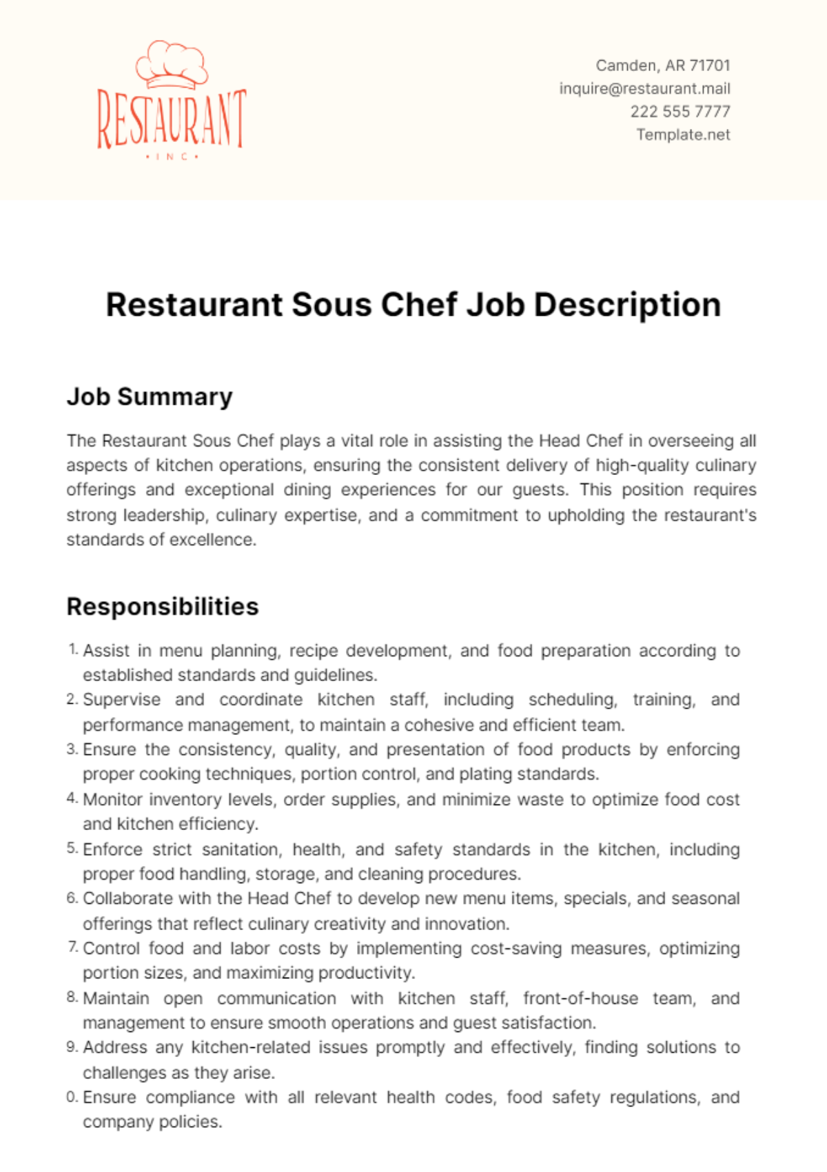 Restaurant Sous Chef Job Description Template - Edit Online & Download