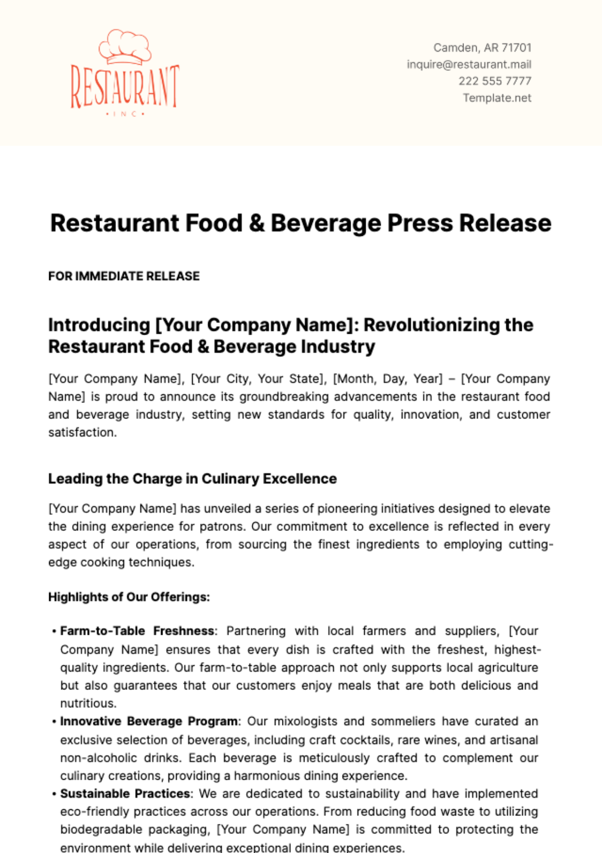 Free Restaurant Food & Beverage Press Release Template