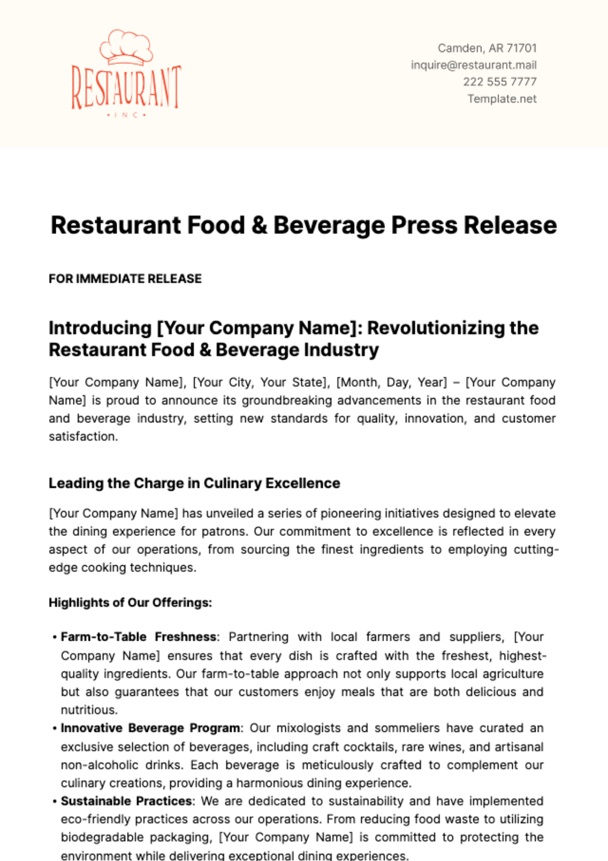 Restaurant Food & Beverage Press Release Template - Edit Online & Download