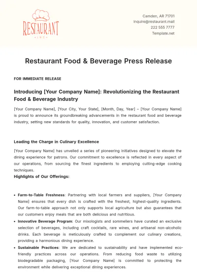 Free Restaurant Food & Beverage Press Release Template to Edit Online