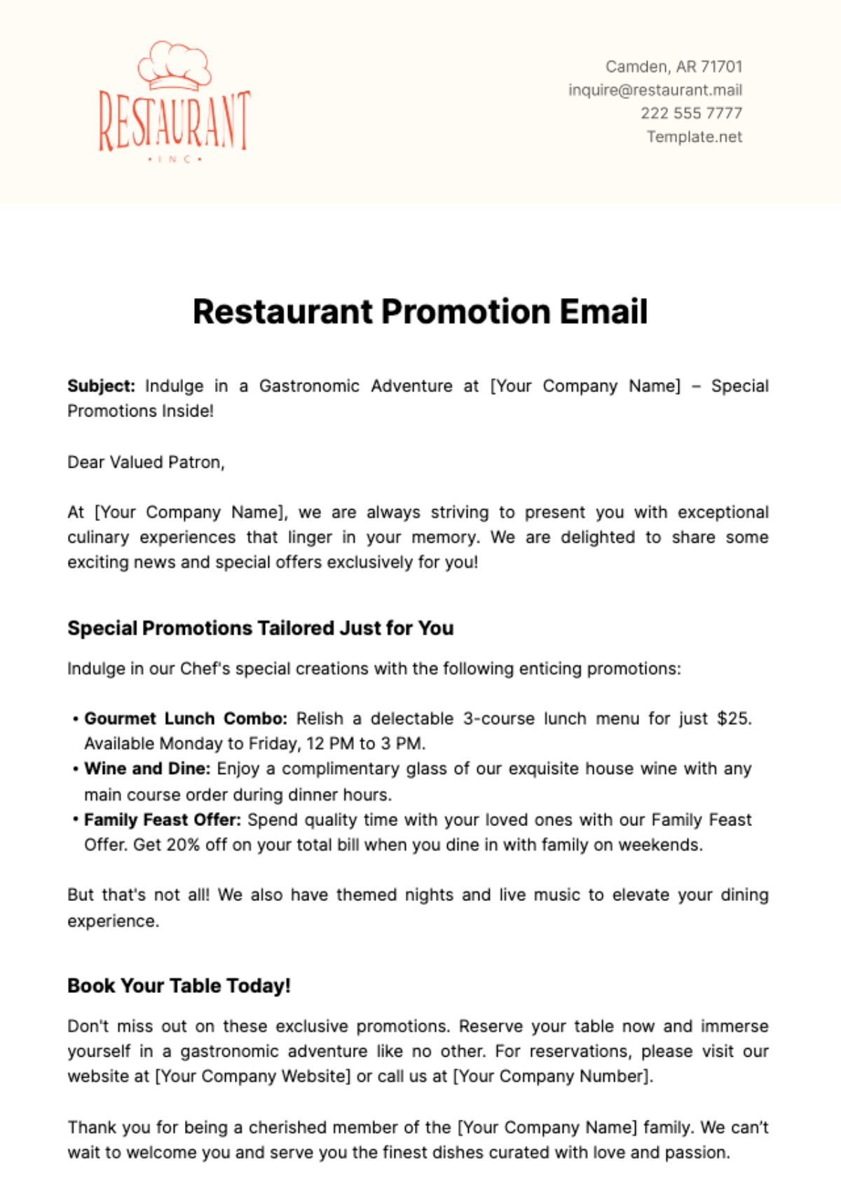 Restaurant Promotion Email Template - Edit Online & Download