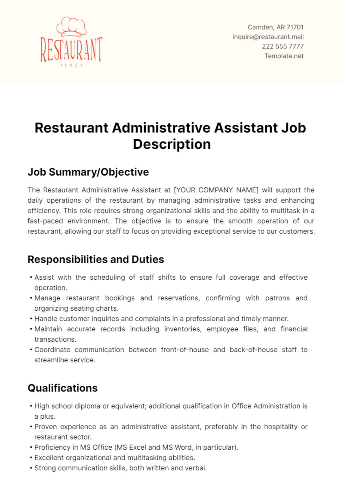 Restaurant Administrative Assistant Job Description Template - Edit Online & Download