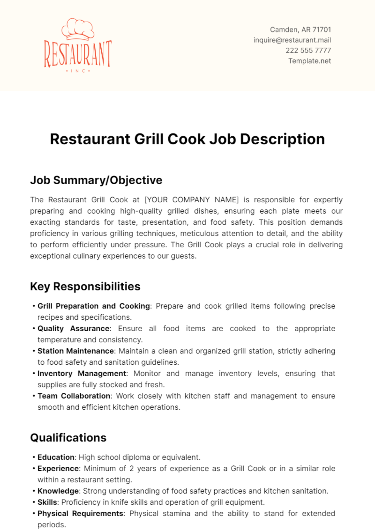 Restaurant Grill Cook Job Description Template - Edit Online & Download