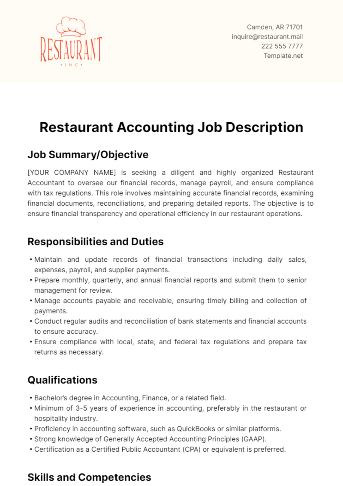 Restaurant Accounting Job Description Template - Edit Online & Download