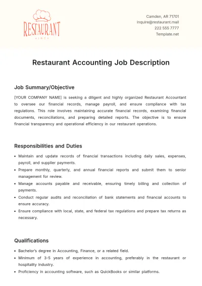 Free Restaurant Accounting Job Description Template to Edit Online