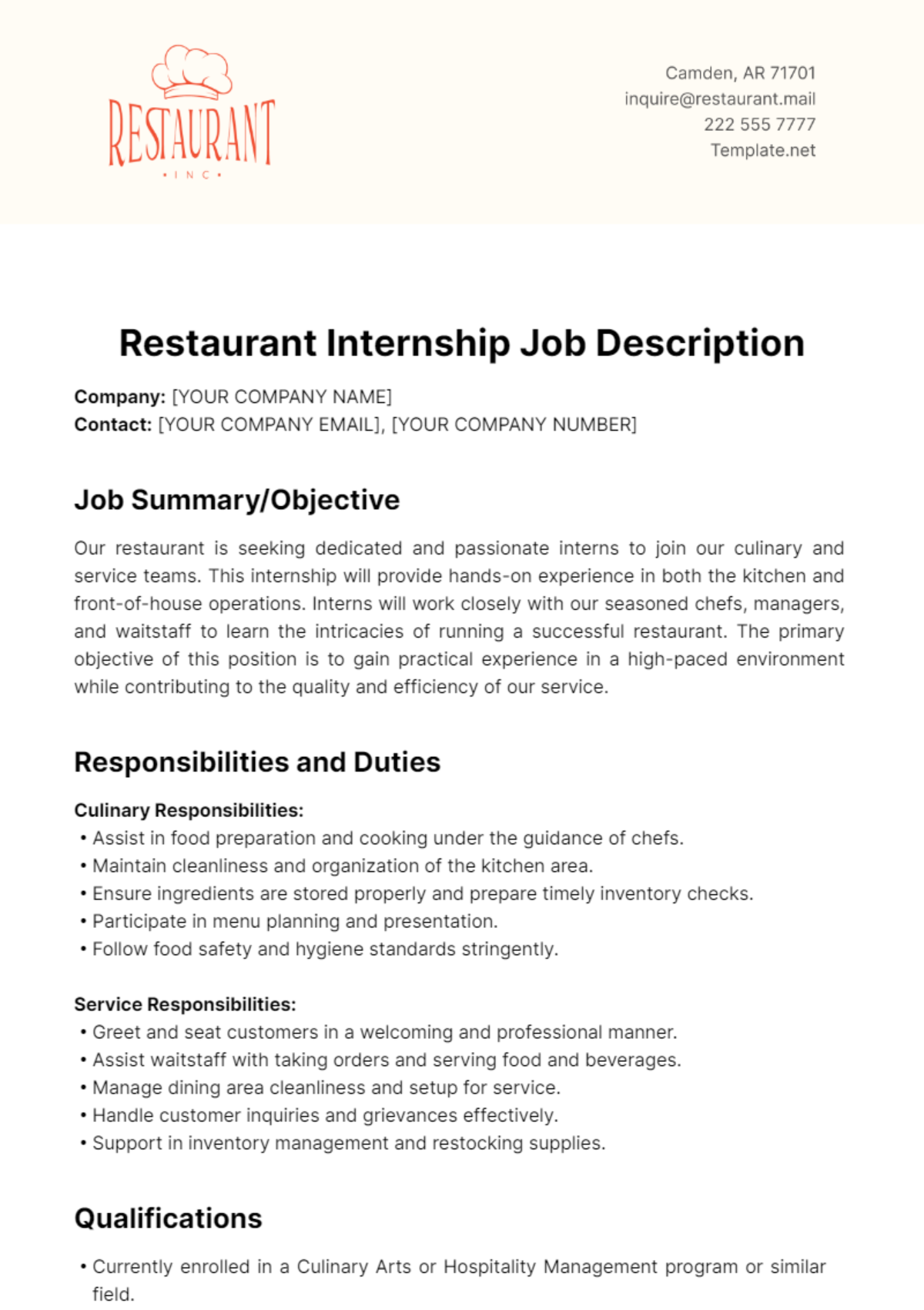 Restaurant Internship Job Description Template - Edit Online & Download