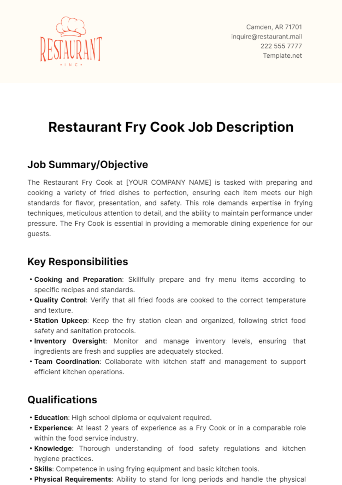 Restaurant Fry Cook Job Description Template - Edit Online & Download