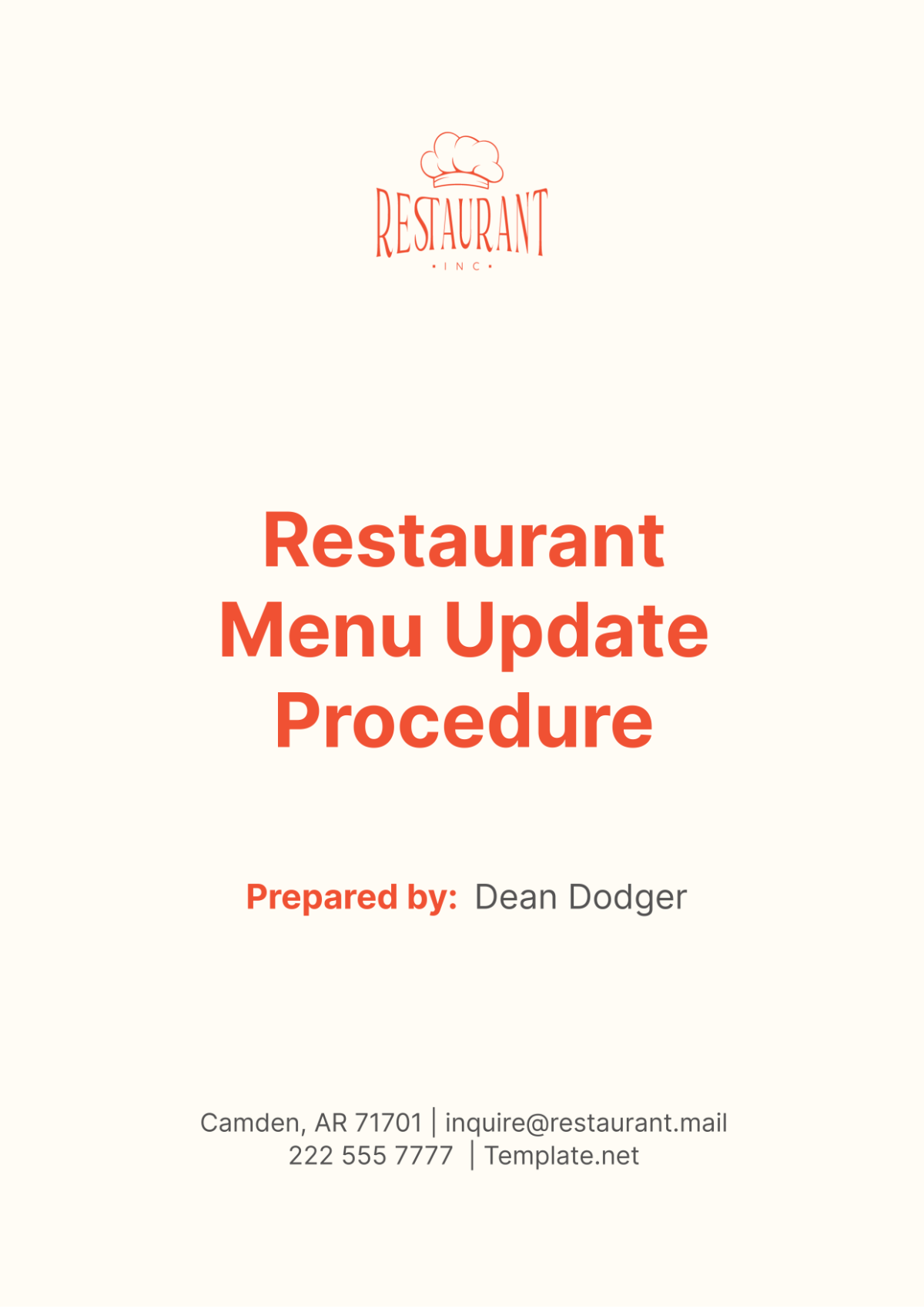 Restaurant Menu Update Procedure Template