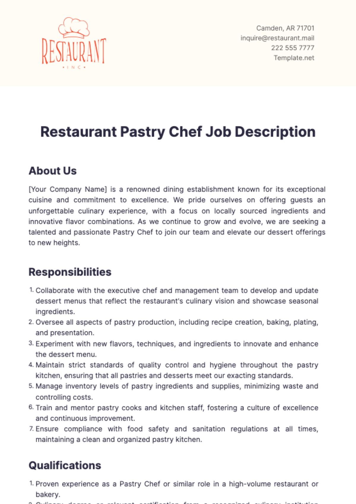 Restaurant Pastry Chef Job Description Template - Edit Online & Download