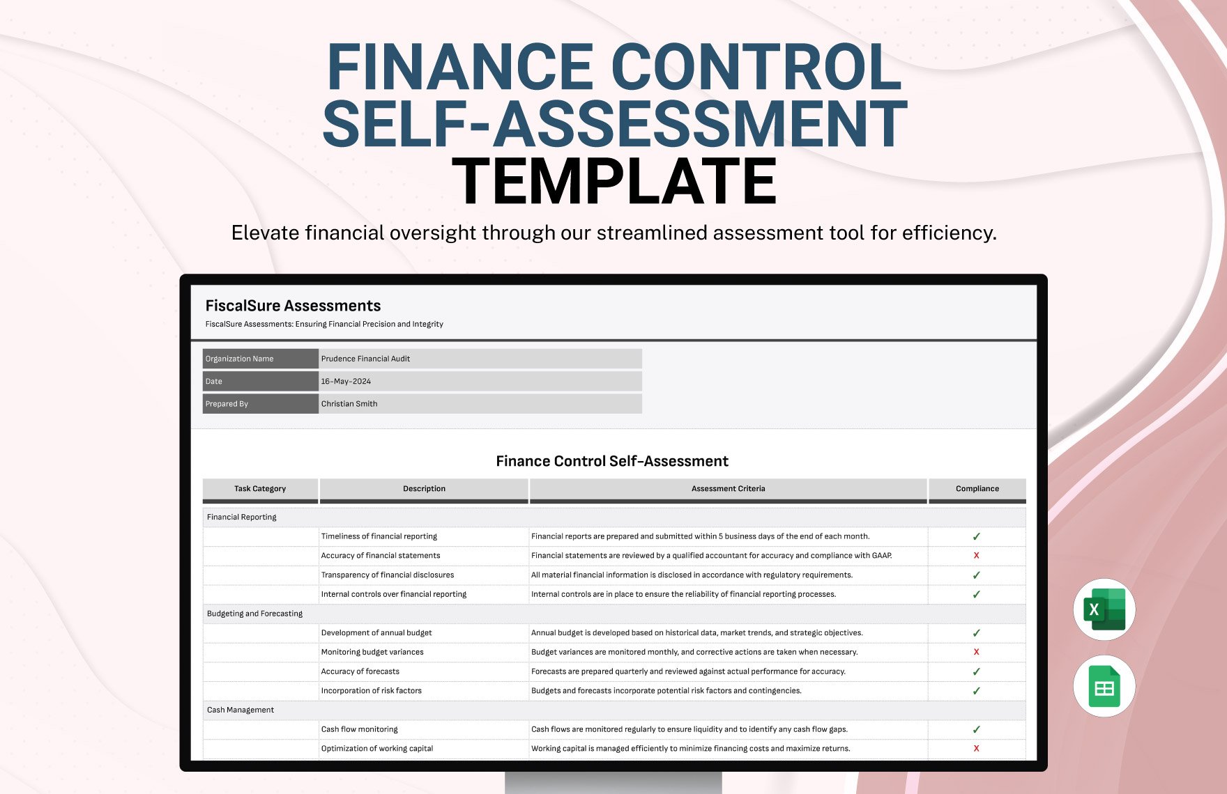 Finance Control Self-Assessment Template in Excel, Google Sheets