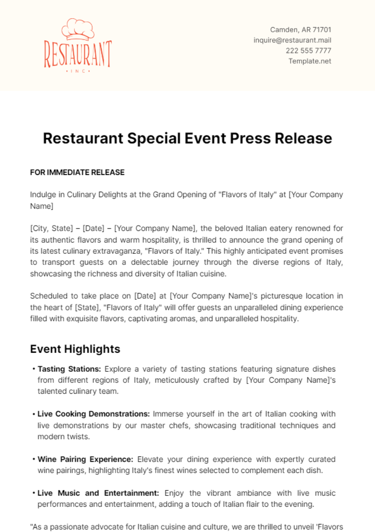 Restaurant Special Event Press Release Template - Edit Online & Download