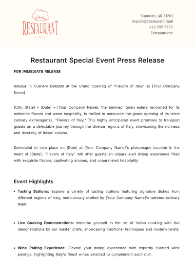 Free Restaurant Special Event Press Release Template to Edit Online