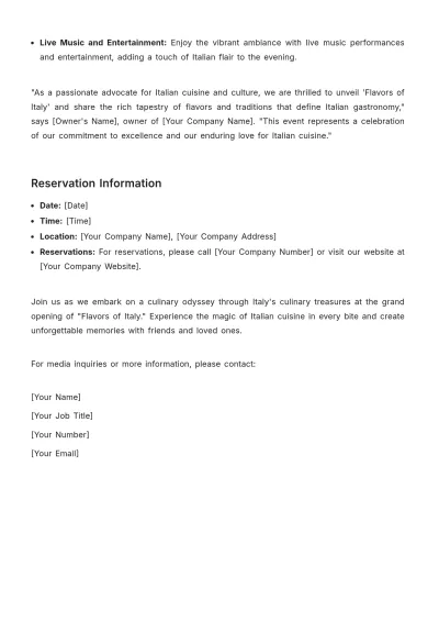 Free Restaurant Special Event Press Release Template to Edit Online
