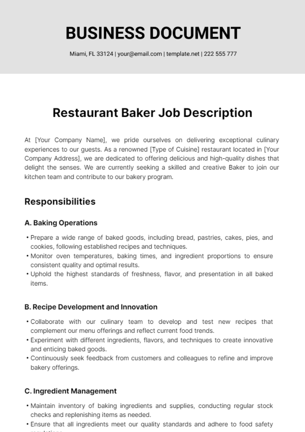 Restaurant Baker Job Description Template - Edit Online & Download