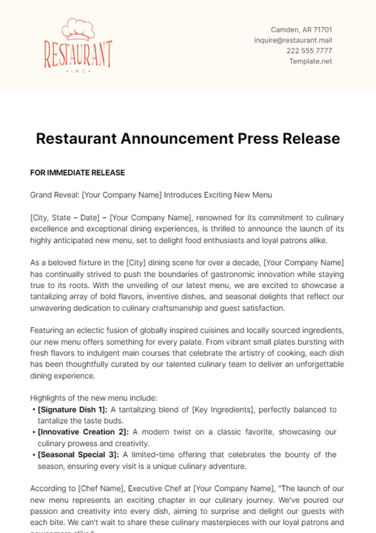 Restaurant Announcement Press Release Template - Edit Online & Download