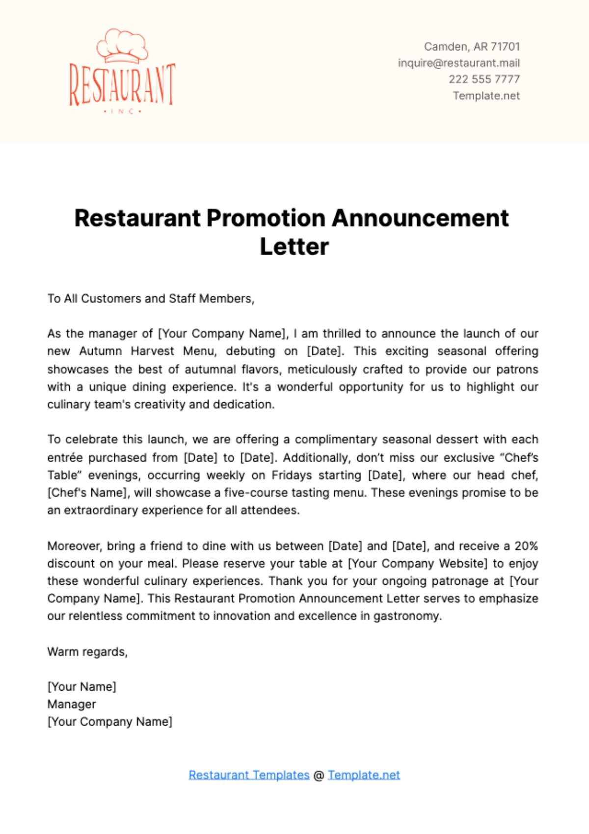 Restaurant Promotion Announcement Letter Template - Edit Online & Download