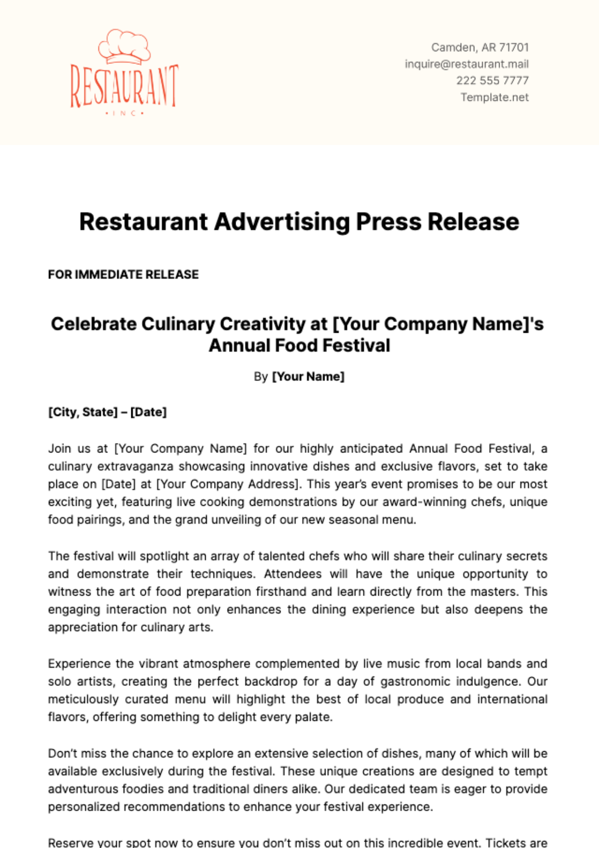 Restaurant Advertising Press Release Template - Edit Online & Download