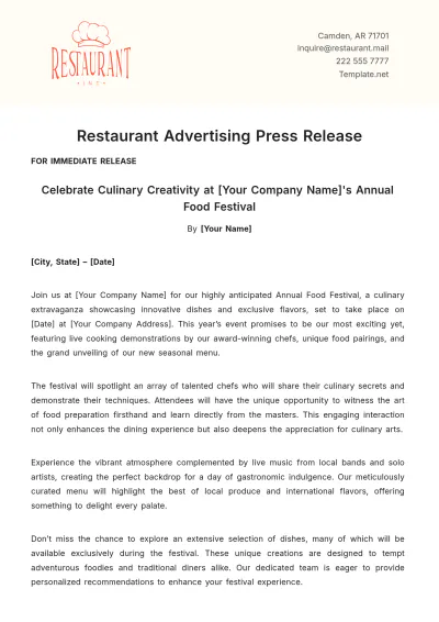 Free Restaurant Advertising Press Release Template to Edit Online