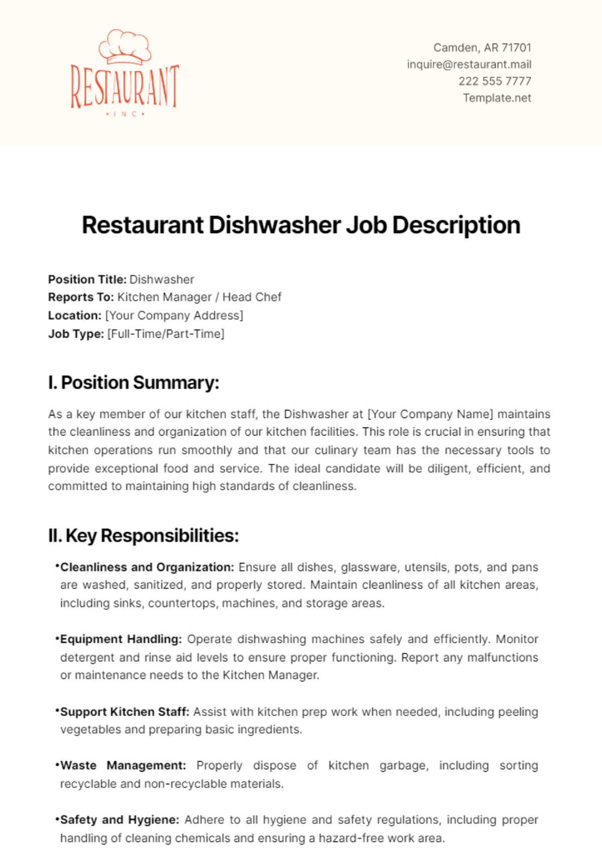 Restaurant Dishwasher Job Description Template - Edit Online & Download