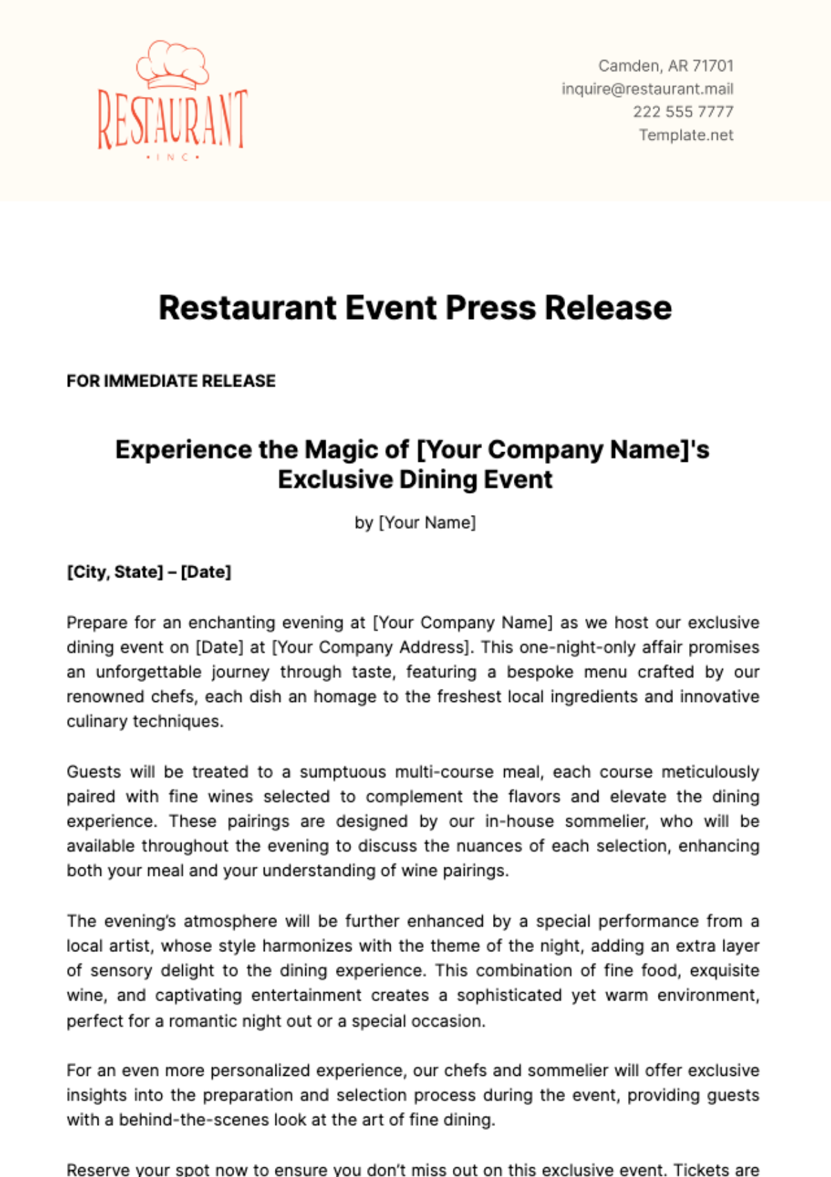 Restaurant Event Press Release Template - Edit Online & Download