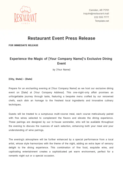 Free Restaurant Event Press Release Template to Edit Online