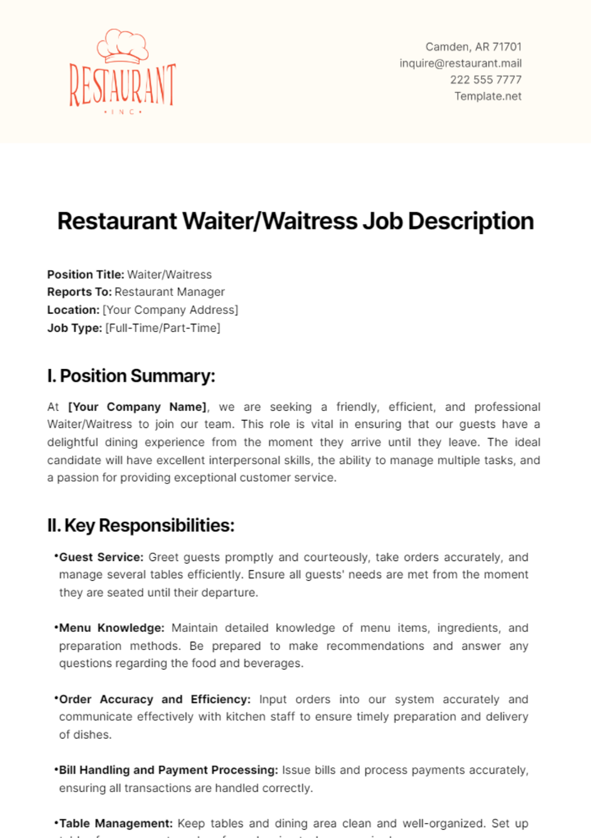 Restaurant Waiter/Waitress Job Description Template - Edit Online & Download