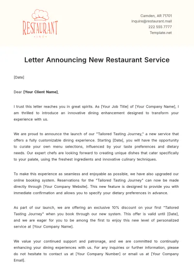 Free Letter Announcing New Restaurant Service Template to Edit Online