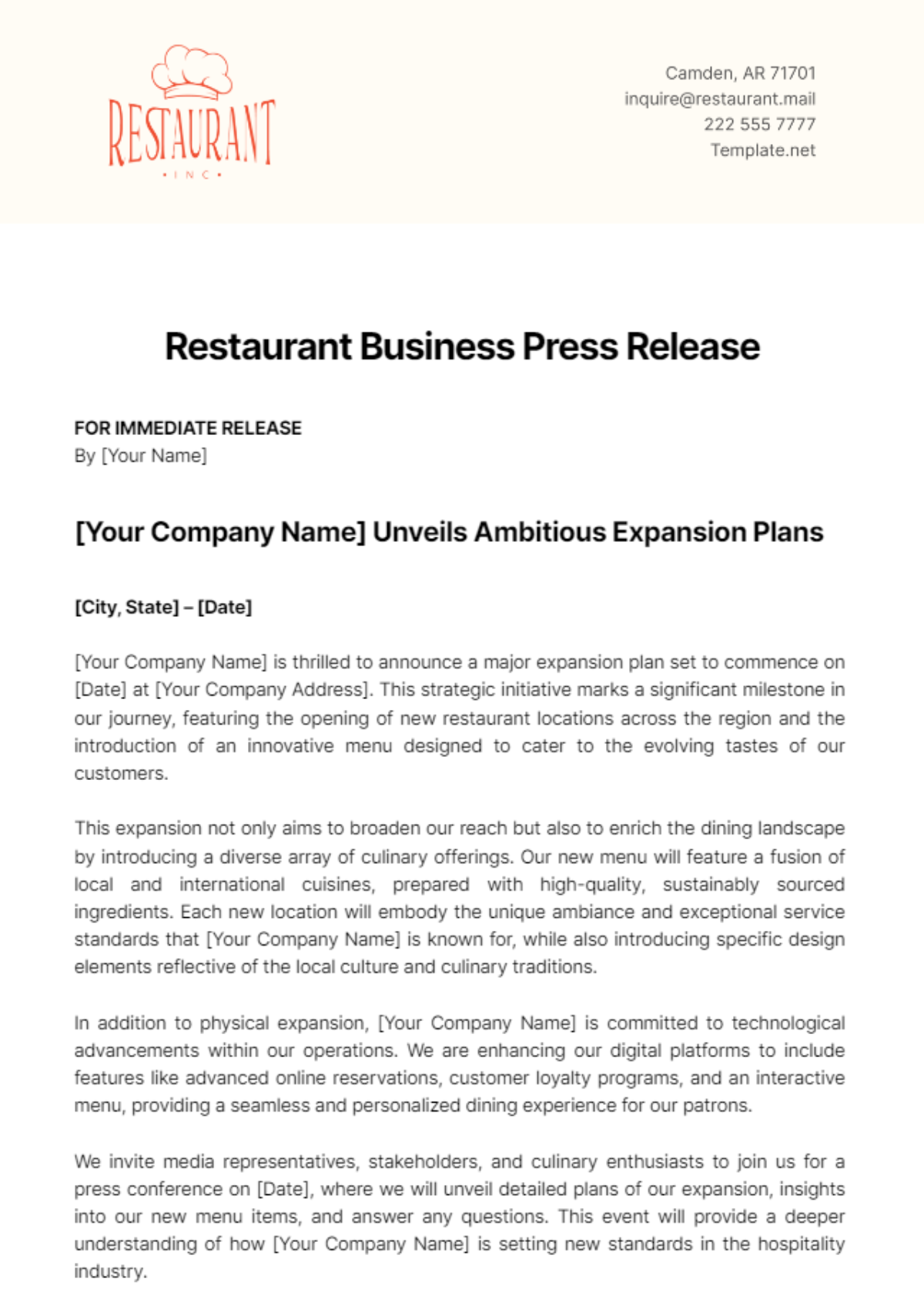 Restaurant Business Press Release Template - Edit Online & Download