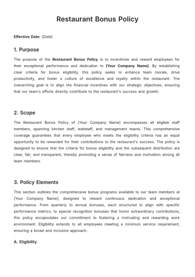 Free Restaurant Bonus Policy Template to Edit Online