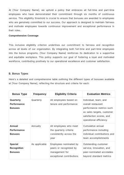 Free Restaurant Bonus Policy Template to Edit Online