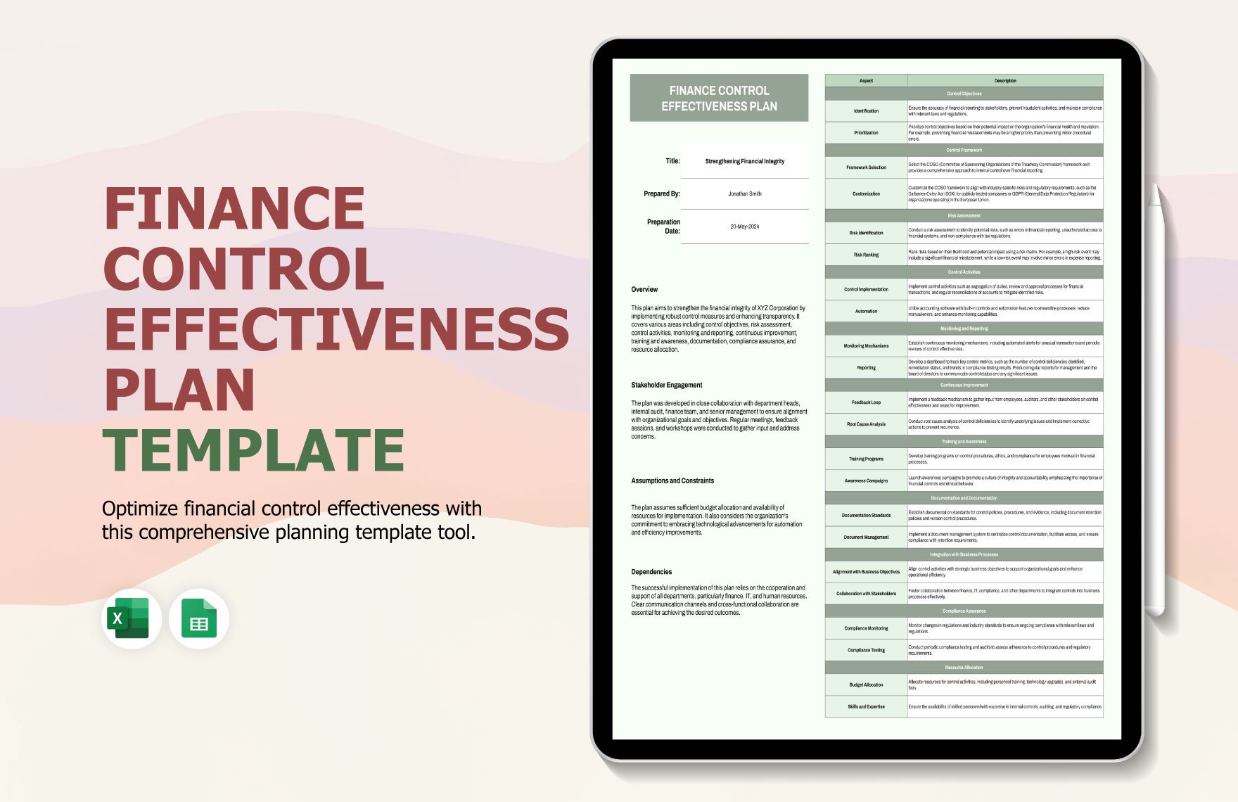 Finance Control Effectiveness Plan Template in Excel, Google Sheets