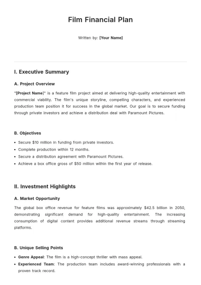 Free Film Financial Plan Template to Edit Online
