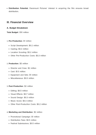 Free Film Financial Plan Template to Edit Online
