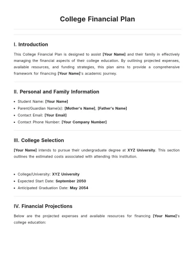Free College Financial Plan Template to Edit Online