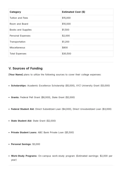 Free College Financial Plan Template to Edit Online