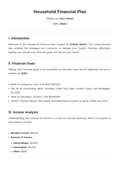 Free Household Financial Plan Template to Edit Online