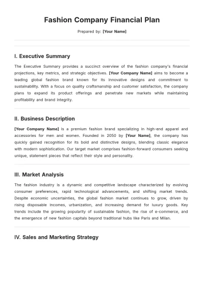 Free Fashion Company Financial Plan Template to Edit Online