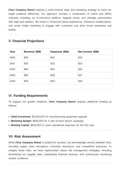 Free Fashion Company Financial Plan Template to Edit Online