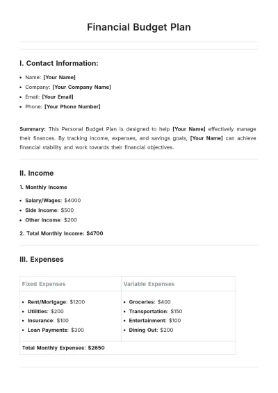 Free Financial Budget Plan Template to Edit Online