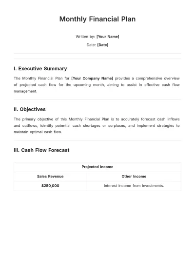Free Monthly Financial Plan Template to Edit Online