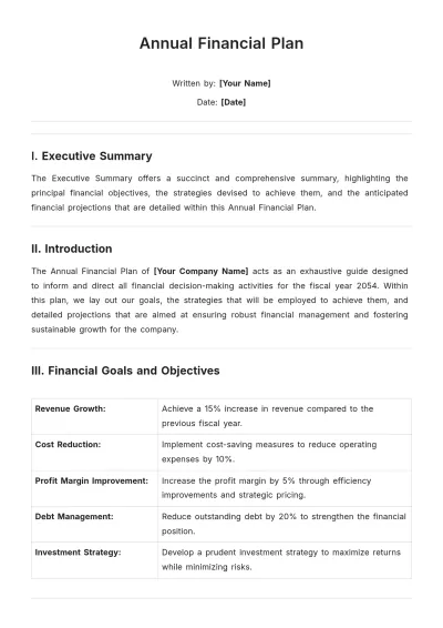 Free Annual Financial Plan Template to Edit Online