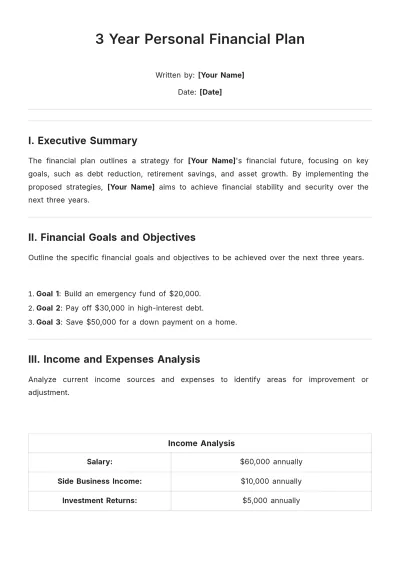 Free 3 Year Personal Financial Plan Template to Edit Online